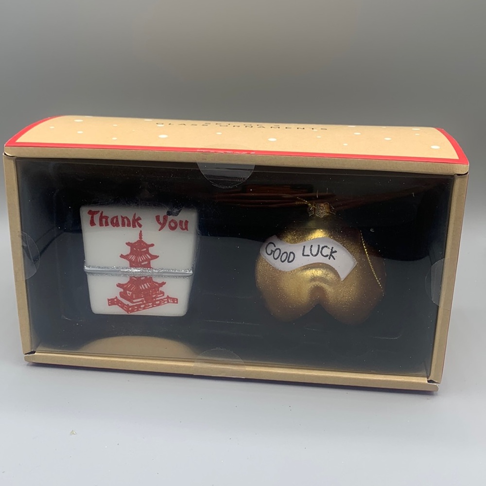 Merry Way Set of 2 Glass Ornaments Chinese Food To Go Box Fortune Cookie NIB